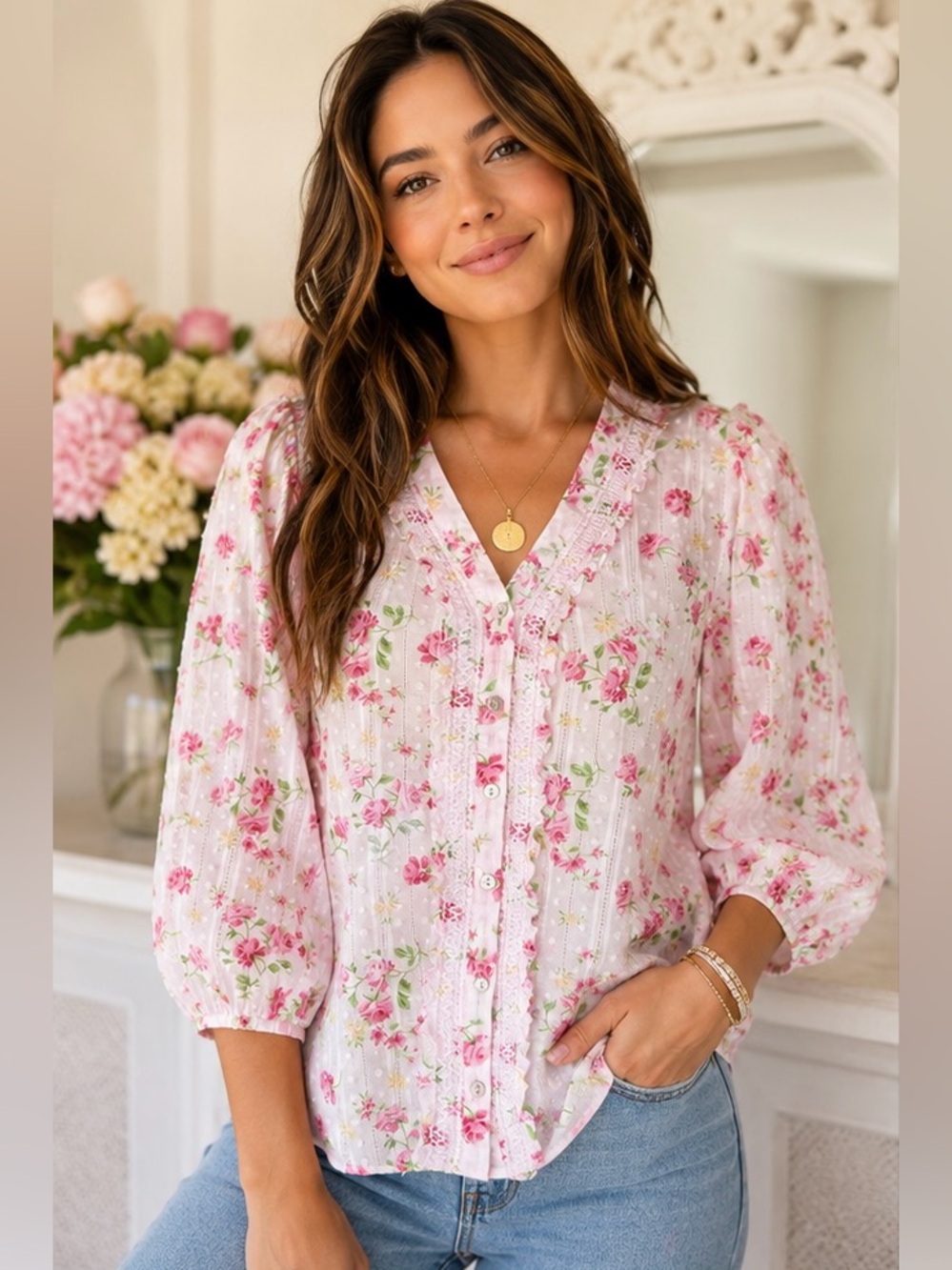 Nanette Lepore Pink Floral Swiss Dot Ruffle Button Front Cotton Blouse Top Large